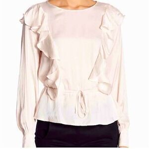 ASTR light pink flowy long sleeve blouse with front ruffles, large
